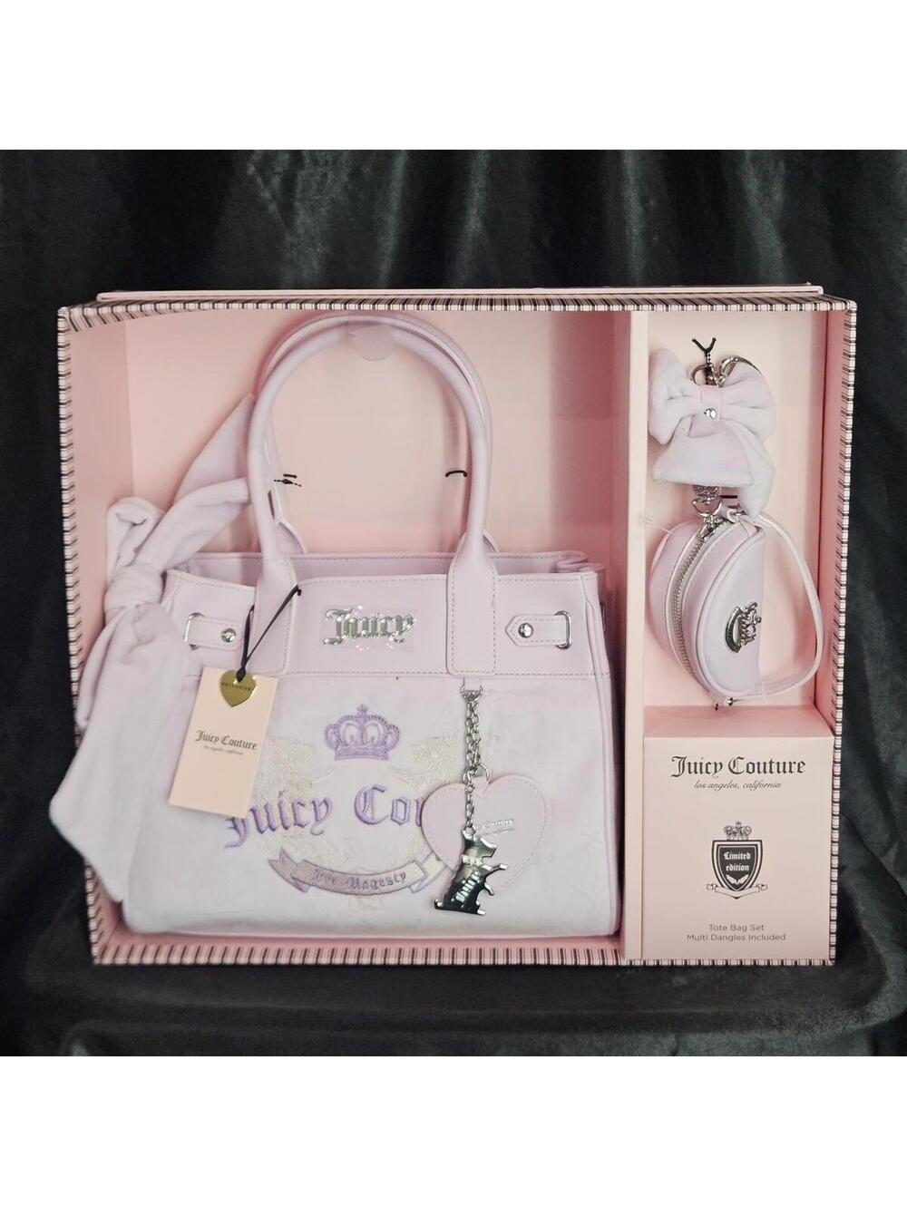 Juicy Couture Lilac Mist Heritage Tote 3PC Charm Set NWT Viral